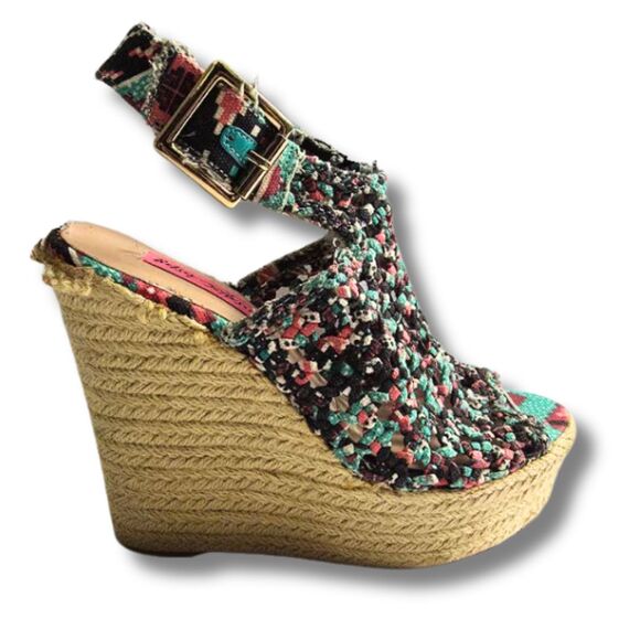 Betsey Johnson Beckey Aztec 6 Multicolor Peep Toe Espadrille Woven Wedge Sandal - Picture 1 of 9
